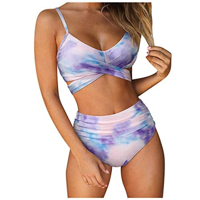 Tendencia de la Moda de Las señoras Clásico Impresión en Color sólido Traje de baño Bikini Dividido Bañador de Dos Piezas Mujer (D,XL)