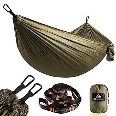 NatureFun Hamaca ultraligera para camping| 300kg de capacidad de carga, (275 x 140 cm) Estilo paracaídas de Nylon, transpirable y de secado rápido. 2 