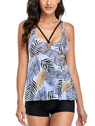 Tankini Traje de Baño Mujer Dos Piezas Volantes Bañador Correa Halter Impresión Vestido Pantalones Cortos Conjuntos (Negro/Blanco Hoja XL) características