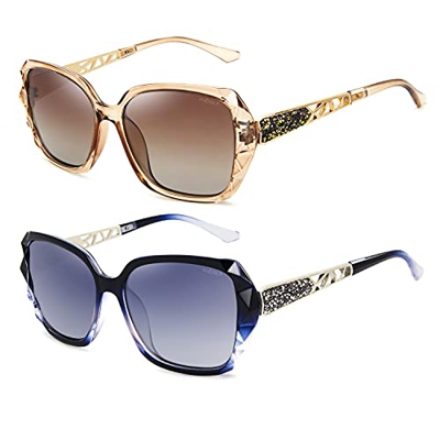 ANDOILT Gafas de Sol Polarizadas de gran Tamaño para Mujer con Marco Compuesto Brillante Clásico para Señoras Champán Azul Marco Gris Lente