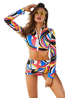 URMOSTIN Bikini Mujer 3 Piezas Set con Bufanda, Traje de Surf de Manga Larga con Cremallera y Estampado de Moda de Cintura Alta BañAdores Bikinis Ropa