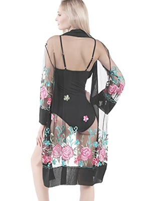 PF Pareos de Bikini de Playa para Mujer Bordados con diseños artísticos Vestido de Playa de Gasa Suelta Outwear Long Cover-ups Talla única (56-Black, 