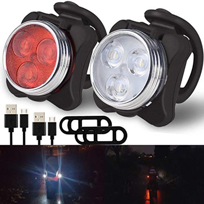 Grunda Juego de 2 luces USB impermeables para cochecito de bebé con 4 funciones de luz LED, 1 luz blanca y 1 luz roja, pinza de silicona flexible para