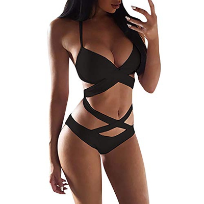 Bikinis de Color Sólido para Mujer, Traje de Baño con Doble Frontal Cruzada Delantera Sexy Bañador de Bikini Halter Push Up Nuevo Ropa con Incisión pa