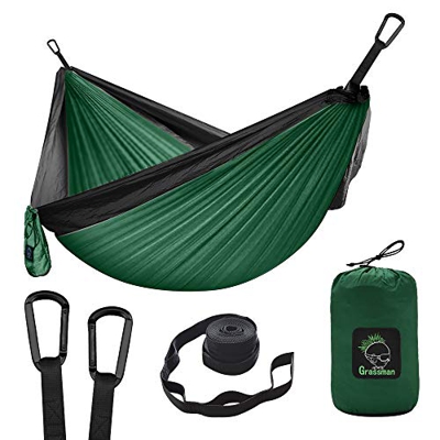 Grassman Hamaca de camping doble y individual portátil con correas de árbol, hamacas de paracaídas de nailon ligero, accesorios de camping, equipo par