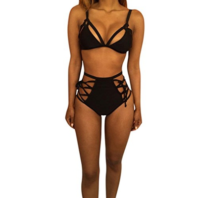 SHOBDW Las Mujeres de Alta Cintura Vendaje Bikini Conjunto Push-up Acolchado Traje de baño bañador Traje de baño (Negro, S)