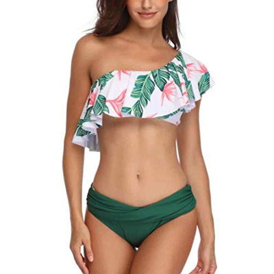 Traje de baño Mujer Halter de Talle Alto Traje de baño Traje de baño con Volantes Estampado Floral Halter Ruffle Bikini de Talle Alto Conjuntos de Bik