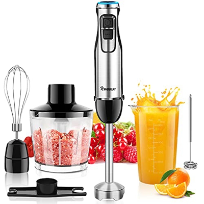 Batidora Eléctrica de Mano 1500W Batidora de Cocina con 12 Niveles + Turbo sin BPA 6-EN-1 Incluye Varilla de Mezcla, Vaso Medidor 600ml, Picadora 500m