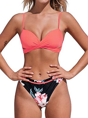 CUPSHE Conjunto de Bikini para Mujer Estampado Floral Retorcido Delantero Traje de Baño de Dos Piezas, XS