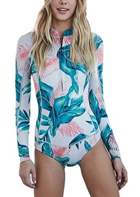 Mujer Surf Ropa Una Pieza Traje de Baño Manga Larga Protección Solar Impresión Bañador Playa Acolchados Rashguard para Surf Playa Ropa de Natación Pus