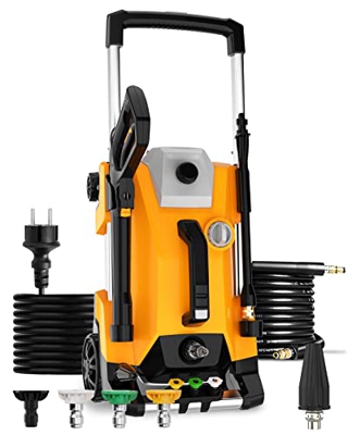Hirolimpiadora, Sun Pow 5 en 1 Hidrolimpiadora de Alta Presión 165 Bar, Caudal Máximo de 480L / H, 5 Boquillas, Diseño de 4 Ruedas Dobles con Varilla 