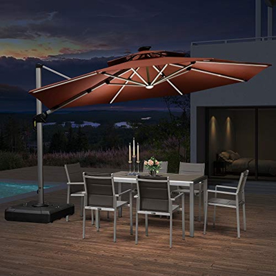 PURPLE LEAF Ø 3.65M Parasol Excéntrico de Jardín con LED, Ronda Sombrilla, Mástil de Aluminio con Manivela, Protección UV 50+, 6 Niveles de Inclinació