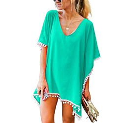 Vestido de Playa Mujer Ropa de Baño Suelto Camisolas y Pareos Bikini Cover up Verano Pompón Gasa Manto Protector Solar (Verde) características