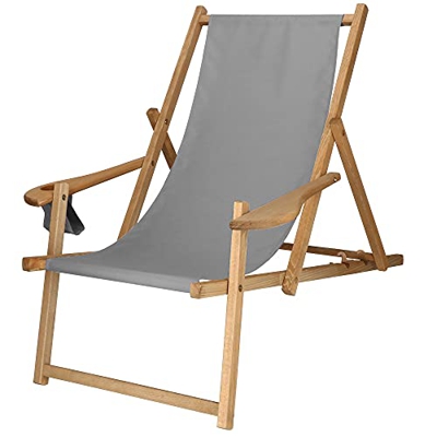 SPRINGOS Tumbona de madera con reposabrazos, soporte para bebidas, funda Oxford, estructura de madera de haya impregnada.