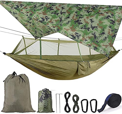 Portátil Hamaca con Mosquitera, Ultraligero Impermeable Nylon Hamacas Colgantes Lona Tienda Tela de picnic, Hamaca Exterior con Correas de los árboles