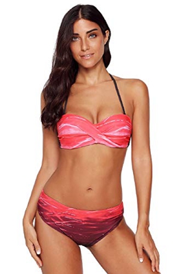 Voqeen Bikinis Mujer Push Up Bikinis Bandeau Top Traje de Baño Mujer Sexy Conjuntos de Bikini Reversibles 2pcs Halter Cuello Bikini (Rojo, S)