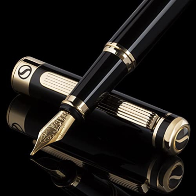Scriveiner Pluma Estilográfica Negra con Detalles de Oro de 24k y 18K para una Caligrafía Suave y Elegante, Plumilla (Ancha) y Convertidor Instalado S