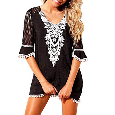heekpek Pareos Playa Mujer Collar De Flores Vestido De Playa Vestido Mangas Cortas Gasa Beach Pareos Playa Mujer Ropa de Baño Borla Bikini Cover up Ca