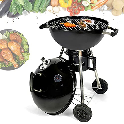 Barbacoa de carbón vegetal con bandeja de cenicero extraíble, tapa con asa, apertura de ventilación y termómetro, bandeja cromada, parrilla redonda pa
