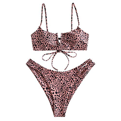 Zaful Bikini sexy en forma de V con tirante fino y diseño de rayas Patrón de leopardo rosa. M características