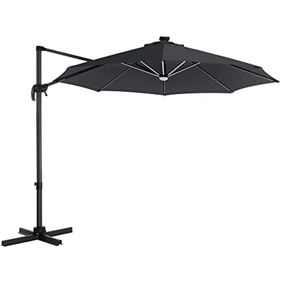 SONGMICS Parasol excéntrico LED, Parasol de jardín Ø 3 m, con UPF 50+, Rotación de 360°, Inclinación Ajustable, Manivela para Abrir y Cerrar, con Base