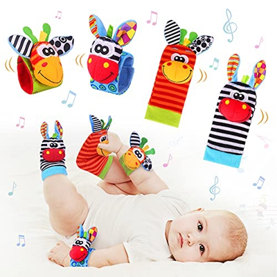 Sonajero Calcetines y Muñequeras para Bebé, Sonajero Toys con Buscador de Muñeca y Pie Juguetes de Animales Suaves y Bonitos para Recién Nacidos Niños