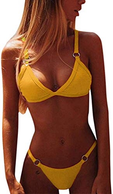 Yutdeng Sexy Tanga Bikini Mujer Brasileño Bañadores Color Sólido Bikini Dos Piezas Trajes de Baño Push-Up Sujetador Acolchado Playa Ropa de Baño para 