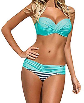 Traje De Baño Bikini-Mujer Push-up Acolchado Bra Bikini Verano Trajes de baño Rayas Tops y Braguitas (M, Azul)