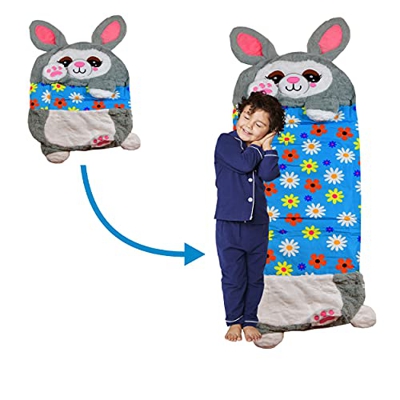 Saco de dormir 2 en 1 con diseño de conejo, plegable, con cojín, para niños, material suave y lavable a máquina, 123 x 50 cm, color gris