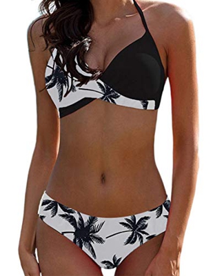 Bikini Elegante Traje de Baño Conjunto Bañador Halter Sexy Sólido para Mujer Ropa de Playa Traje de Baño Bikini Sets Talla Grande (Hojas Negras, L)