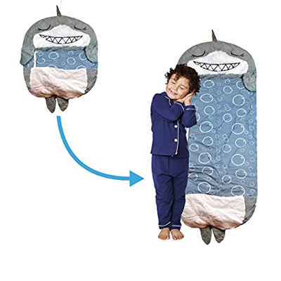 Saco de dormir 2 en 1 con diseño de tiburón, plegable, con almohada para niños, material suave y lavable a máquina, ideal como regalo para niños y niñ