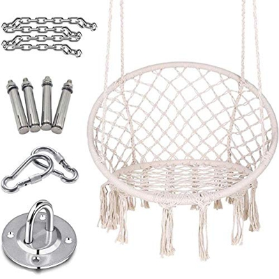 Silla hamaca de algodón con cordón de encaje, mecedora de punto con kit de accesorios para colgar en interiores, jardines, hoteles, patios (beige)