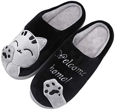 Mishansha Mujer Zapatillas de Casa Hombre Zapatillas de Estar de Invierno Cálido Felpa Dibujos Animados Gato Antideslizante Pantuflas, Cat-Negro, 39/4