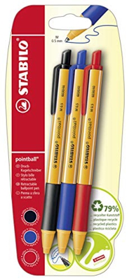 Stabilo B-43720-10 - Bolígrafo retráctil de punta de bola (3 unidades, color azul, negro y rojo, plástico 79% reciclable)