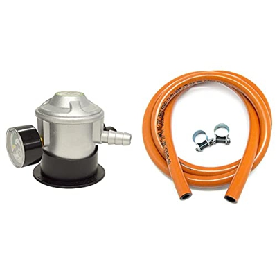 S&M Regulador Butano con Manómetro, Gris + 321535 Kit Tubería homologada de Gas Butano de 1,5 Metros-Ø 9mm con Abrazaderas con pestaña, Naranja
