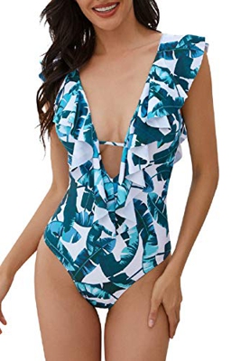 UMIPUBO Trajes de Baño Una Pieza Bañador Alta Cintura Push Up Trajes de Brasileño Conjunto de Bikini para Mujer Volante Cuello en V Fruncido Bikini Se