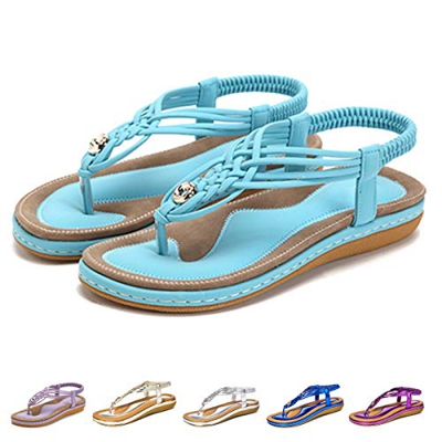 gracosy Sandalias Planas Verano Mujer Estilo Bohemia Zapatos de Dedo Sandalias Talla Grande Cinta Casuales Playa Chanclas Romanas de Mujer 2020 Azul N