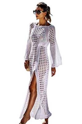 Voqeen Mujer Manga de murciélago Ahuecar Bikini De Punto Cubrir Vestido Playero de Playa (Blanco A, Un tamaño)