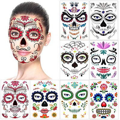 halloween tatuajes temporales de cara (8 hojas), halloween mascarada Día de los Muertos esqueleto cráneo cara completa tatuajes de maquillaje para muj