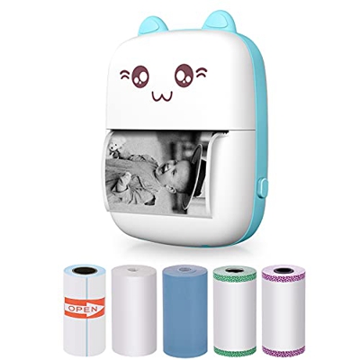 TENSUN Mini Impresora Termica, Pocket Impresora Fotográfica Portátil Inalámbrica Bluetooth + 6 Rollos de Papel Térmico para Imagen Etiqueta Memo Recib