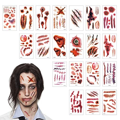 TAZEMAT Halloween Tatuajes Temporales 20 Hojas Tatuaje Cicatrices Herida Sangre Pegatinas Zombie Vampiro Maquillaje Horror para Fiesta de Disfraz Cosp