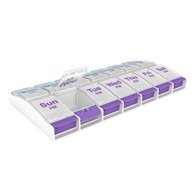 Ezy Dose Pastillero semanal (7 días) AM/PM, organizador de vitaminas y medicinas, compartimentos extragrandes con botón de presión, 2 veces al día, ta