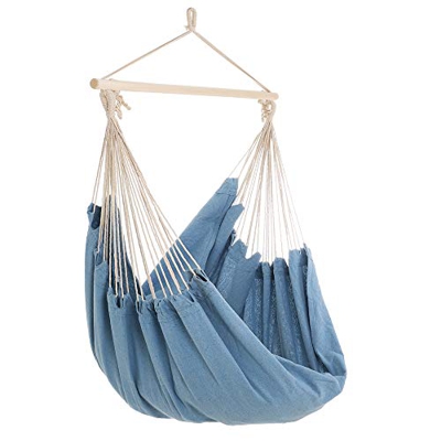 Detex Silla Colgante con Barra Transversal de Madera Hamaca de Color Azul para Interior y Exterior jardín 185x130x155 cm