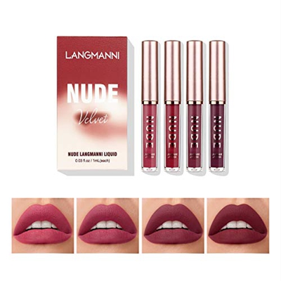 4 unids / set juego de brillo de labios terciopelo mate lápiz labial líquido impermeable de larga duración nutrir hidratante tinte de labios belleza c