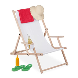 Relaxdays Tumbona Plegable de Madera y Tela, 3 Posiciones, con reposabrazos y Soporte para Bebidas, 120 kg, Color Blanco, 96 x 69 x 101 cm precio