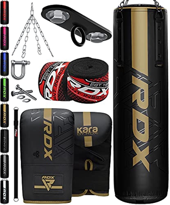 RDX Saco de Boxeo Adulto Relleno 5ft 4ft, 8PC Maya Hide Cuero Anti Swing Punching Bag Set con Guantes, Gancio, Bolsa Pesada para Artes Marciales Kick 