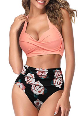 AOQUSSQOA Mujeres Tankini de Dos Piezas Trajes de baño Cintura Alta Halter Vintage Bikini Set Traje de baño para Mujer (Orange Flower, L)