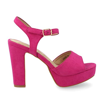 37714-Sandalia Mujer Tacon Plataforma con Pulsera Ajustable al Tobillo con Metalizado Grabado Primavera Verano 2019. Talla 38 Fucsia