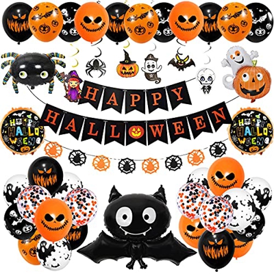 Decoracion Halloween Casa,Happy Halloween globos,pancarta,araña, murciélago e calabaza fantasma,para Partido de Halloweendecoración（43 pieza conjunto