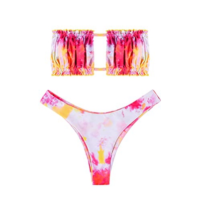 heekpek Conjunto de Bikini para Mujer, Traje de Baño Dos Piezas Conjunto Bañador sin Tirantes, Ropa de Playa de Color Doblez con Cordón Bikini Sets Le
